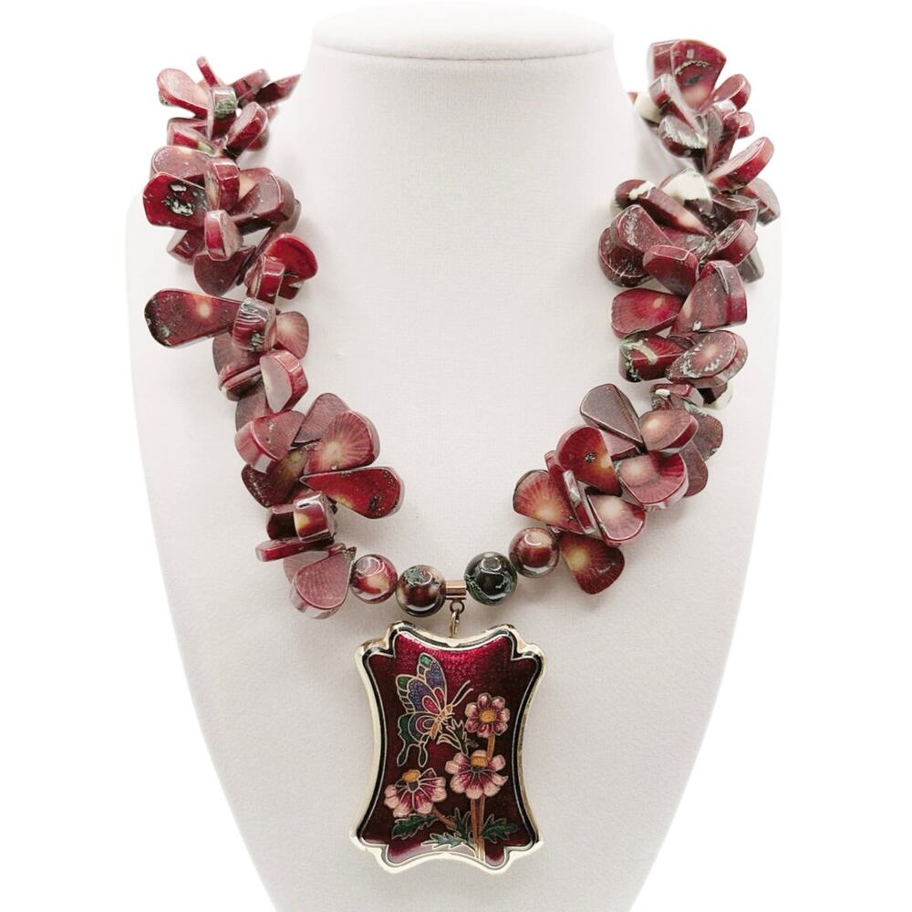 Red Coral Beaded Long Necklace With Chinese Cloisonné Pendant 20”